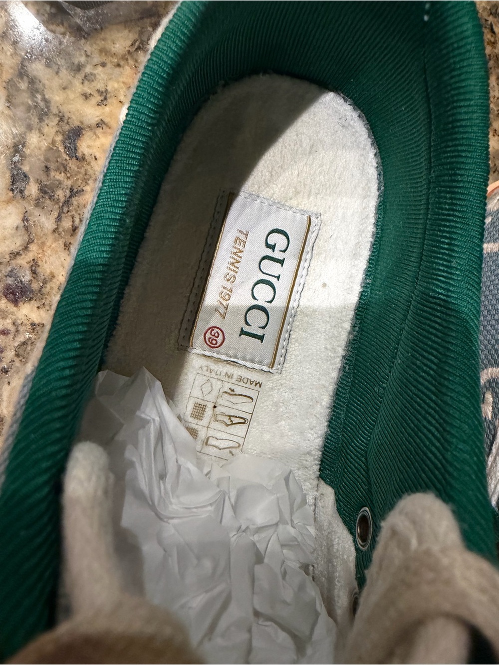 Gucci Women’s Blue GG Canvas Sneakers with Orange Trim and Green Interior - Picture 5 of 11